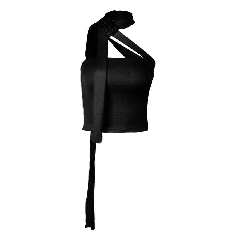 Einfarbiges One-Shoulder-Crop-Top mit Blumenapplikation und Schleife 