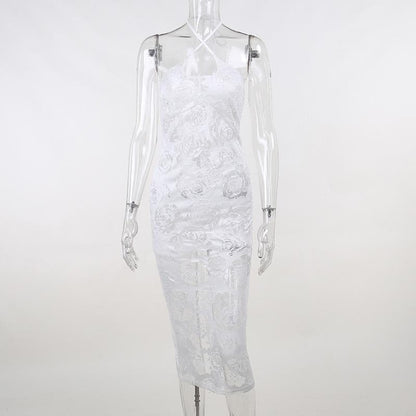 Durchsichtiges Neckholder-Midikleid mit Schlitz und überkreuzter Vorderseite und Blumenmuster