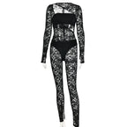 Einfarbiges Jumpsuit-Set mit langen Ärmeln und ausgehöhlten Schlauchhandschuhen und Reißverschluss aus Spitze