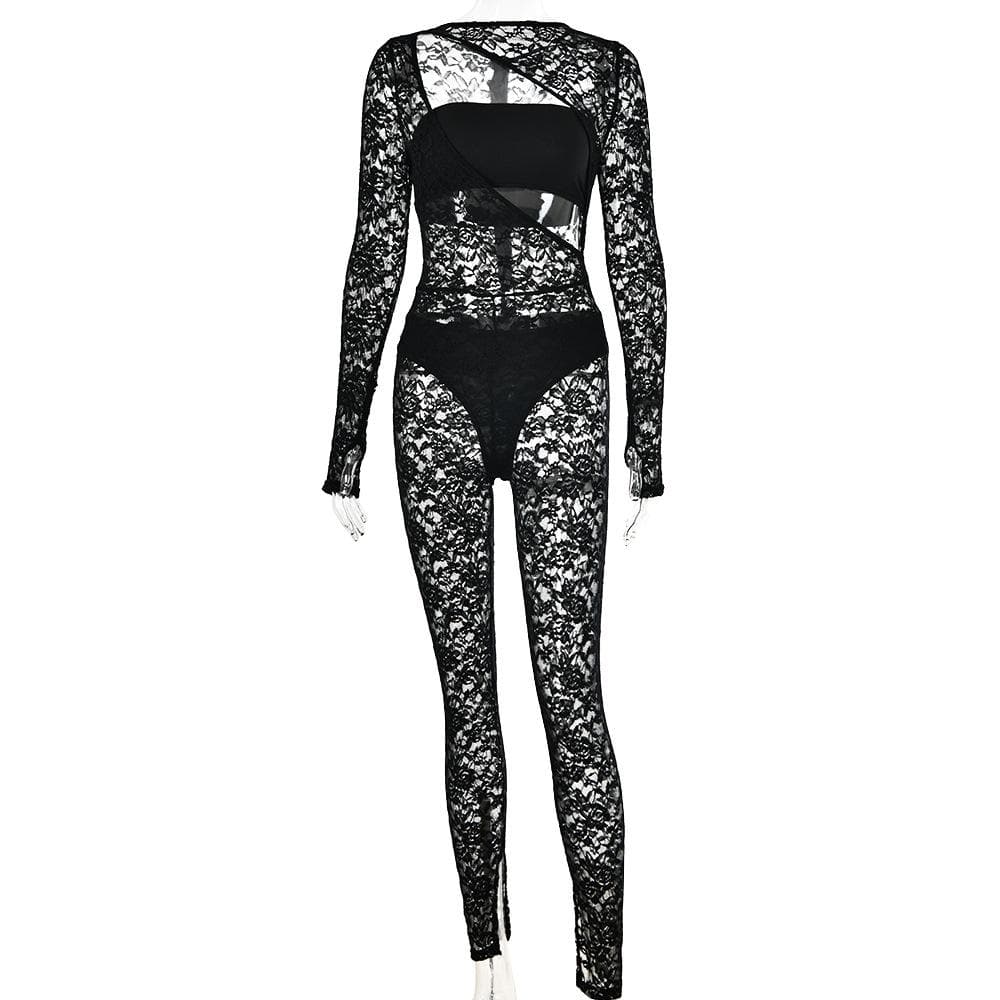 Lace solid long sleeve hollow out tube gloves zip-up jumpsuit set