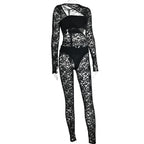 Einfarbiges Jumpsuit-Set mit langen Ärmeln und ausgehöhlten Schlauchhandschuhen und Reißverschluss aus Spitze