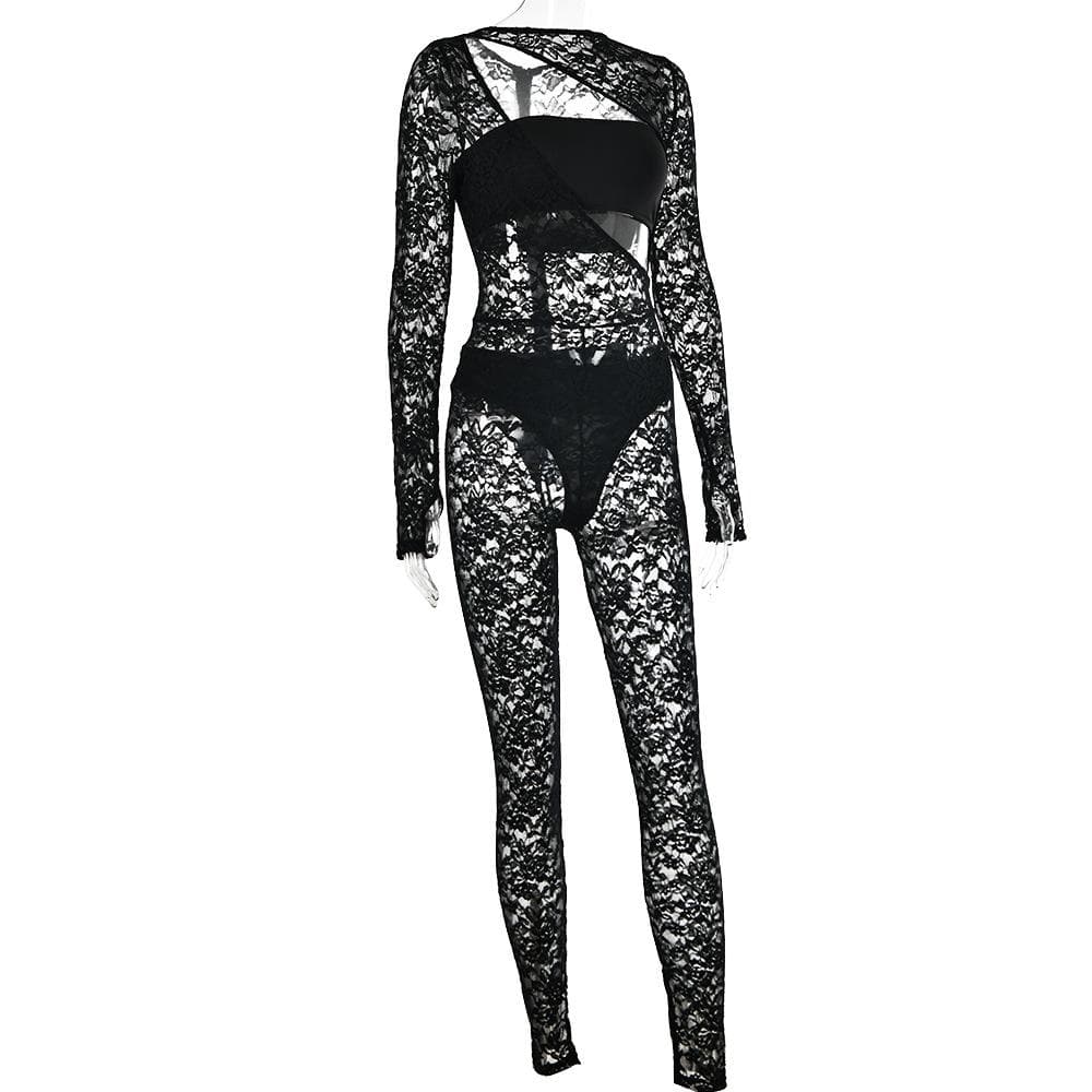 Lace solid long sleeve hollow out tube gloves zip-up jumpsuit set