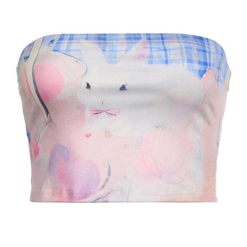 Rabbit pattern contrast backless tube crop top