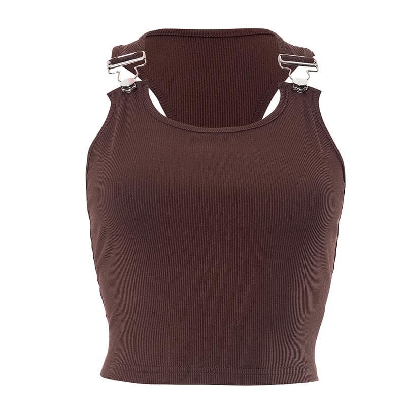 Ribbed buckle u neck sleeveless solid crop top
