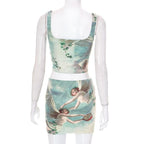Square neck corset abstract print sleeveless backless mini skirt set