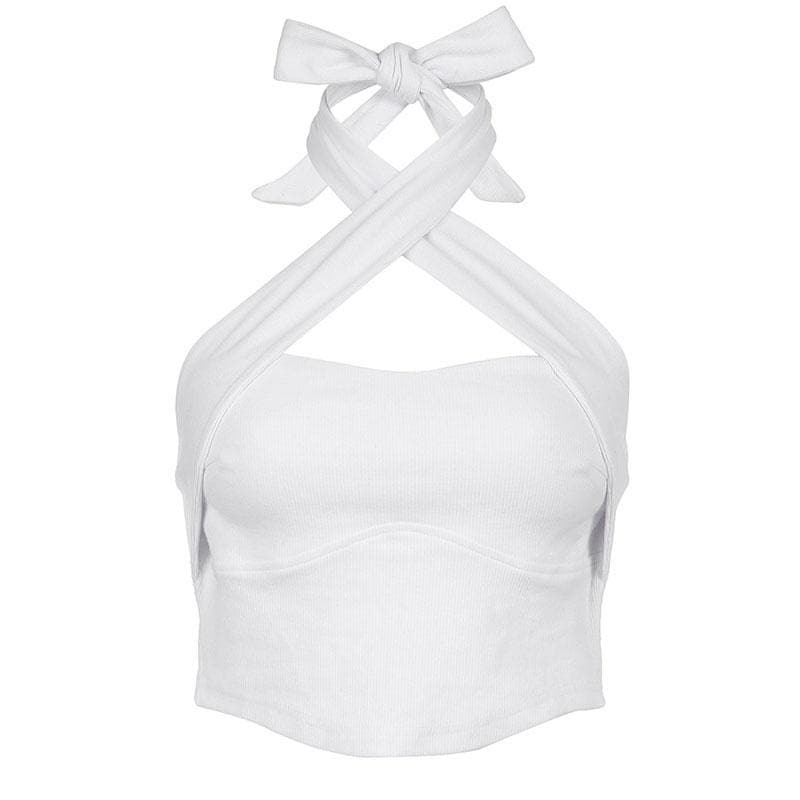 Ribbed solid cross front halter backless crop top - Final Sale