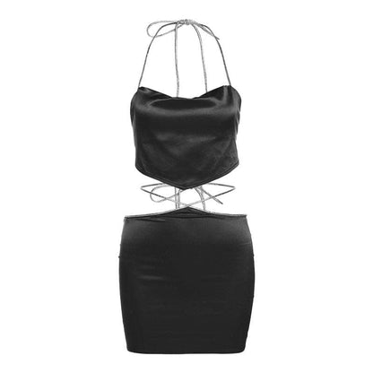 Halter self tie backless zip-up solid cowl neck mini skirt set