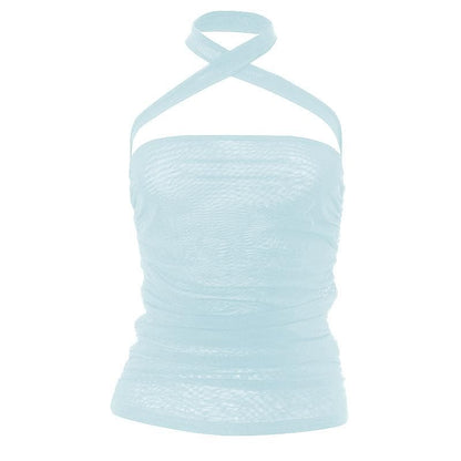 Sheer mesh see through cross front solid halter backless top
