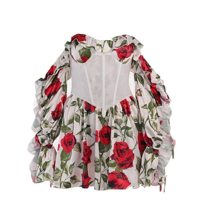 Schulterfreies, kontrastierendes, langärmliges, rückenfreies Minikleid mit Blumenmuster 