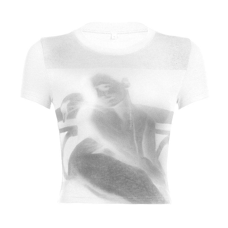 Short sleeve crewneck abstract contrast crop top