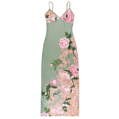 Rückenfreies Camisole-Maxikleid mit Blumenmuster und V-Ausschnitt in Kontrastfarbe 