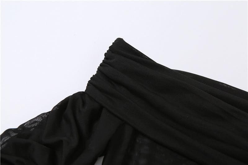 Sheer mesh see through long sleeve off shoulder ruched crop top