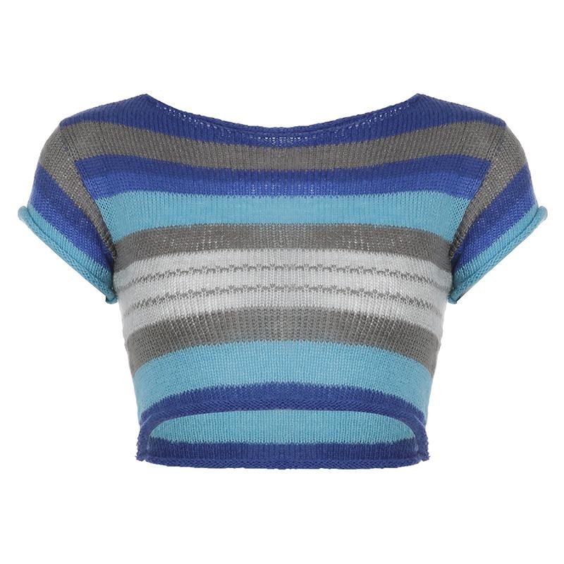 Knitted short sleeve striped contrast crop top