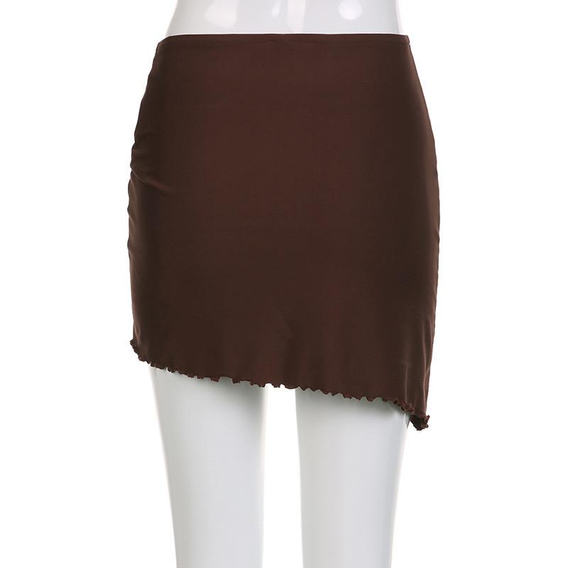 Drawstring ruffle irregular self tie solid mini skirt