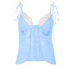 Lace hem backless chiffon self tie contrast crop top
