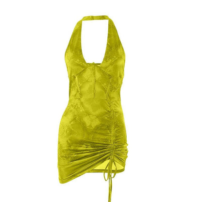 Rückenfreies Neckholder-Minikleid mit Korsett und Rüschen im Kontrastdruck 