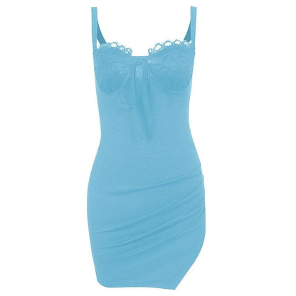 Gerafftes, einfarbiges, ärmelloses, rückenfreies Minikleid aus Spitze mit Schlitz zum Selbstbinden
