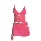 Lace v neck backless ruched irregular solid cami mini skirt set