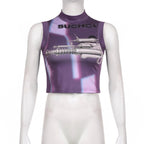 Sleeveless high neck contrast abstract print crop top