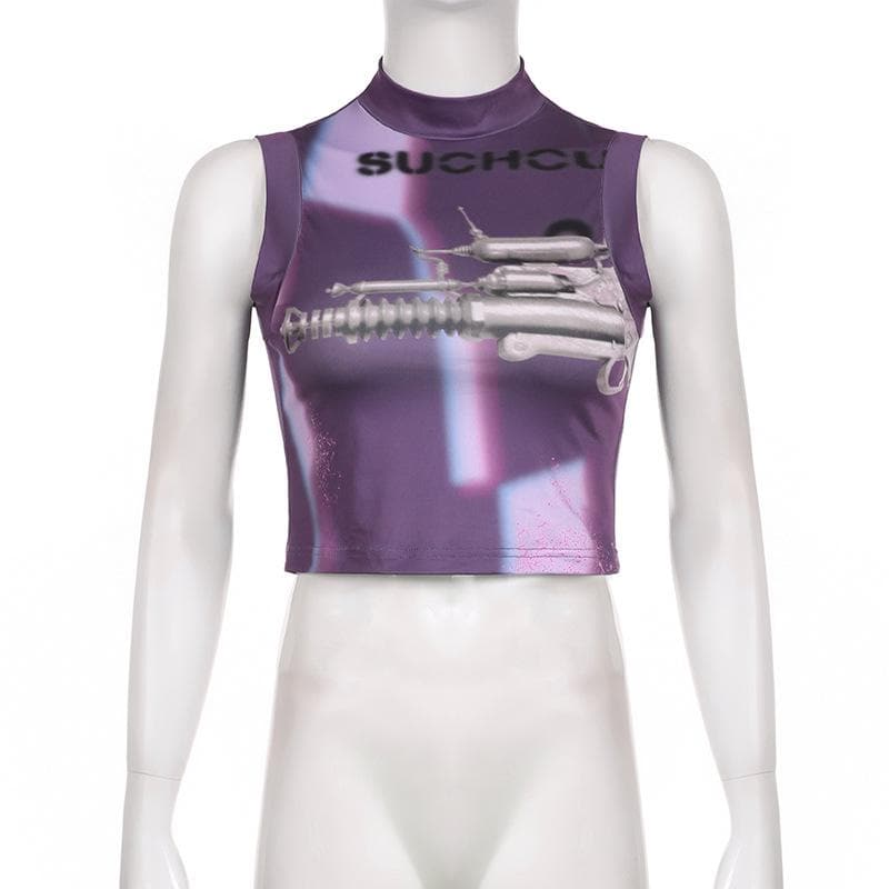Sleeveless high neck contrast abstract print crop top