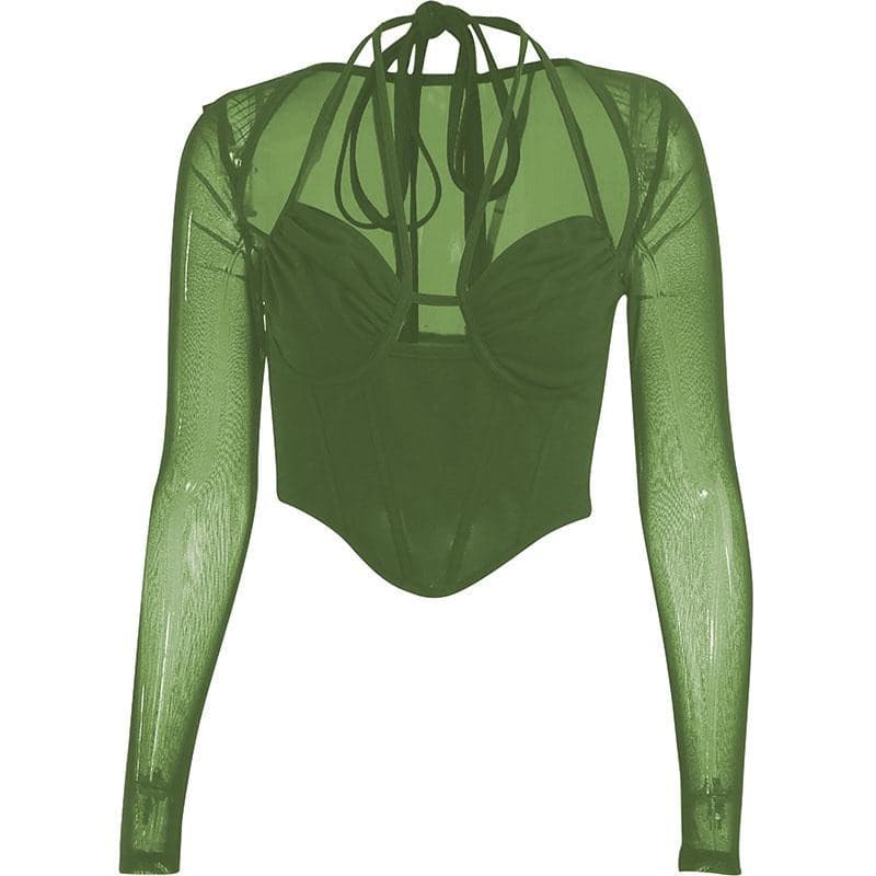 Top corto con corsetto in rete traforata e maniche lunghe - Saldi finali 