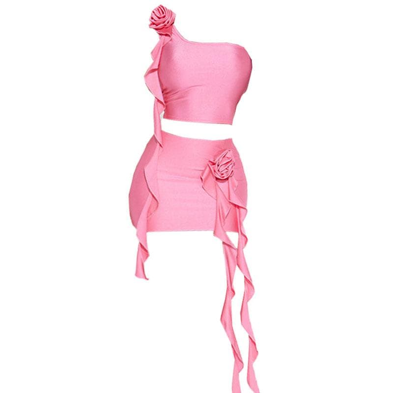 Irregular flower applique one shoulder solid mini skirt set