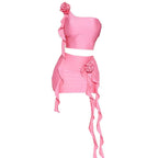Irregular flower applique one shoulder solid mini skirt set