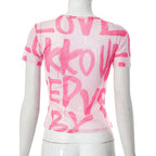 Short sleeve letter print contrast sheer mesh see through top