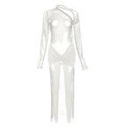 Mesh see through irregular long sleeve hollow out backless solid maxi dress