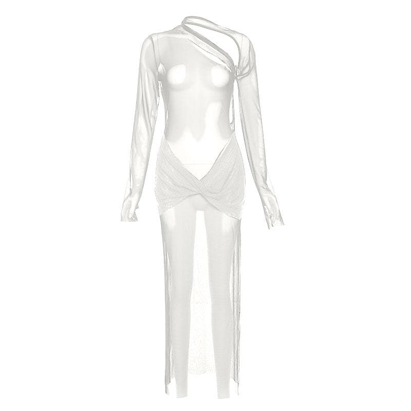 Mesh see through irregular long sleeve hollow out backless solid maxi dress