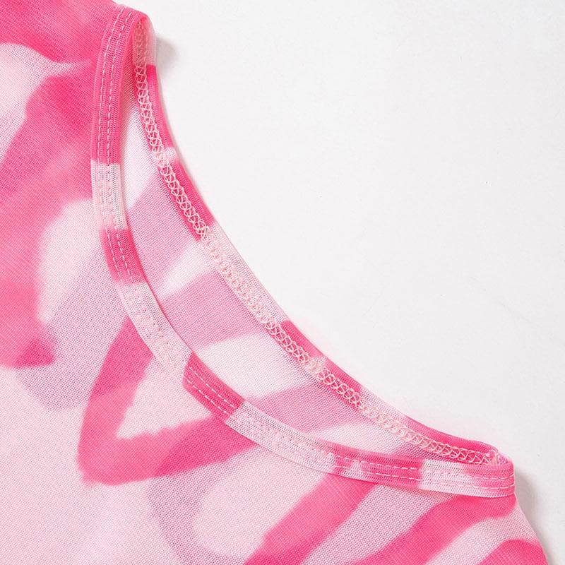 Short sleeve letter print contrast sheer mesh see through top