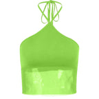 Solid halter mesh patchwork self tie backless crop top