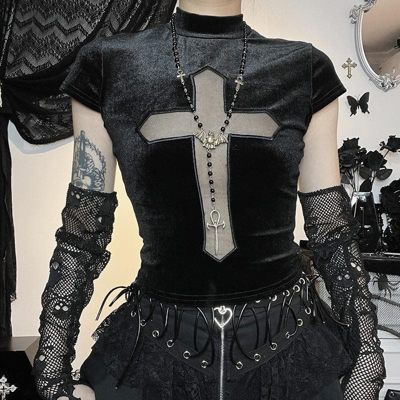 Cap sleeve mesh cross pattern velvet high neck solid top