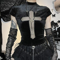 Cap sleeve mesh cross pattern velvet high neck solid top