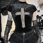 Cap sleeve mesh cross pattern velvet high neck solid top