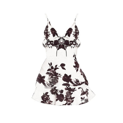 Rückenfreies Camisole-Minikleid mit Rüschen und Blumenmuster in Kontrastfarbe und V-Ausschnitt