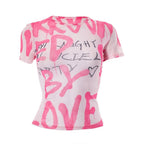Short sleeve letter print contrast sheer mesh see through top