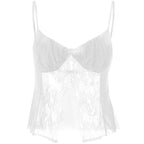 Lace patchwork ruched solid v neck slit cami crop top