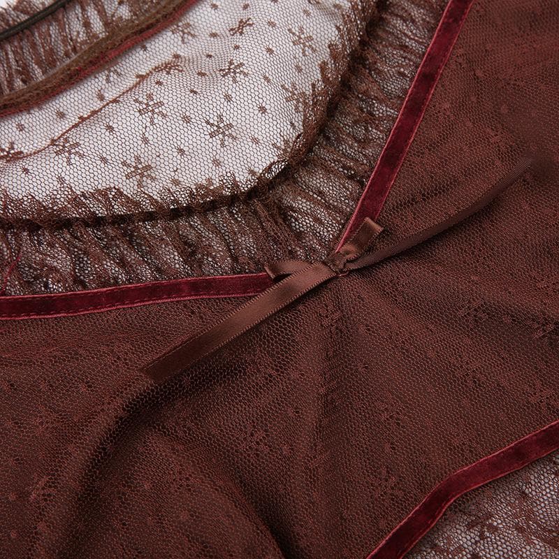 Top corto senza maniche in rete con volant patchwork 