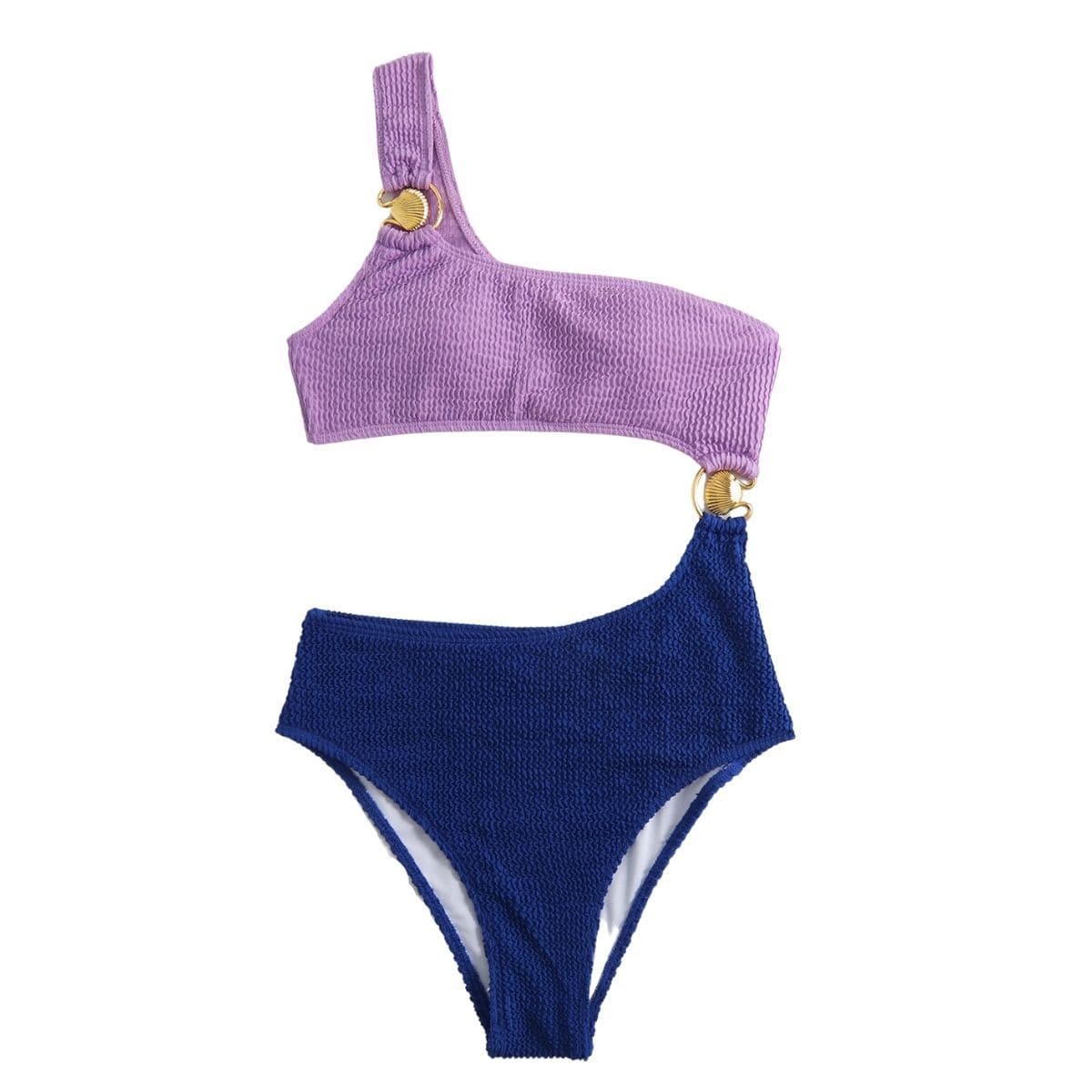 Costume da bagno intero con spalla scoperta e anello a O in contrasto testurizzato