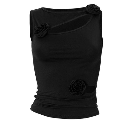 Top senza maniche con scollo rotondo traforato e applicazione floreale 