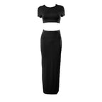 Crewneck short sleeve solid maxi skirt set