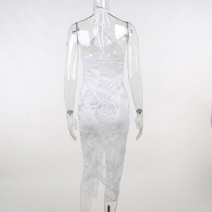 Durchsichtiges Neckholder-Midikleid mit Schlitz und überkreuzter Vorderseite und Blumenmuster