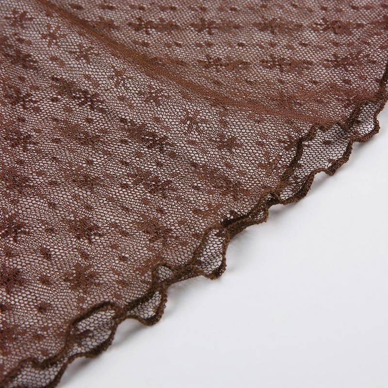 Top corto senza maniche in rete con volant patchwork 