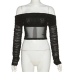 Sheer mesh see through long sleeve off shoulder ruched crop top