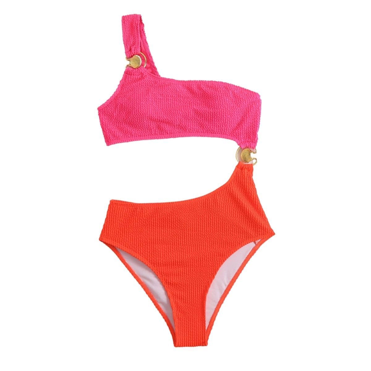 Costume da bagno intero con spalla scoperta e anello a O in contrasto testurizzato