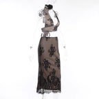 Completo gonna midi con scollo a V e schiena scoperta in pizzo con allacciatura all'americana 