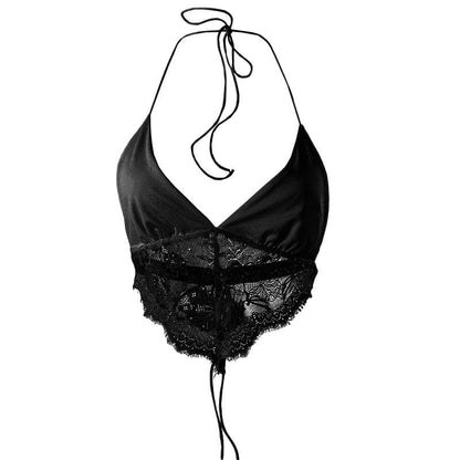 Top corto con laccetti allacciati alla schiena e scollo a V in patchwork di pizzo
