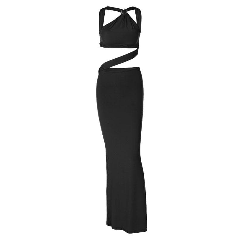 Backless hollow out o ring pearl chain solid maxi dress