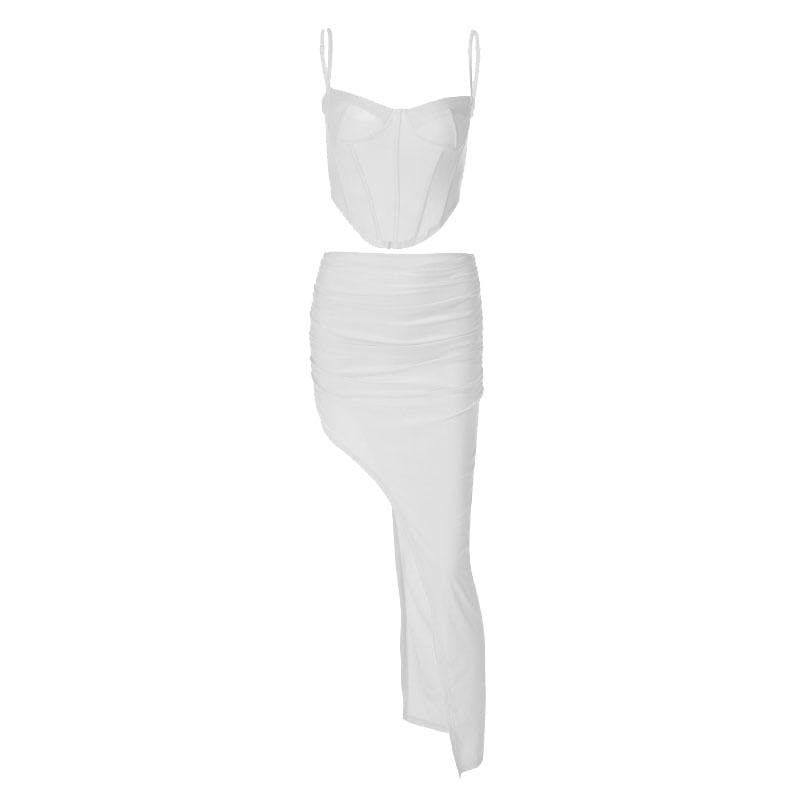 Low cut solid corset slit ruched backless cami maxi dress set